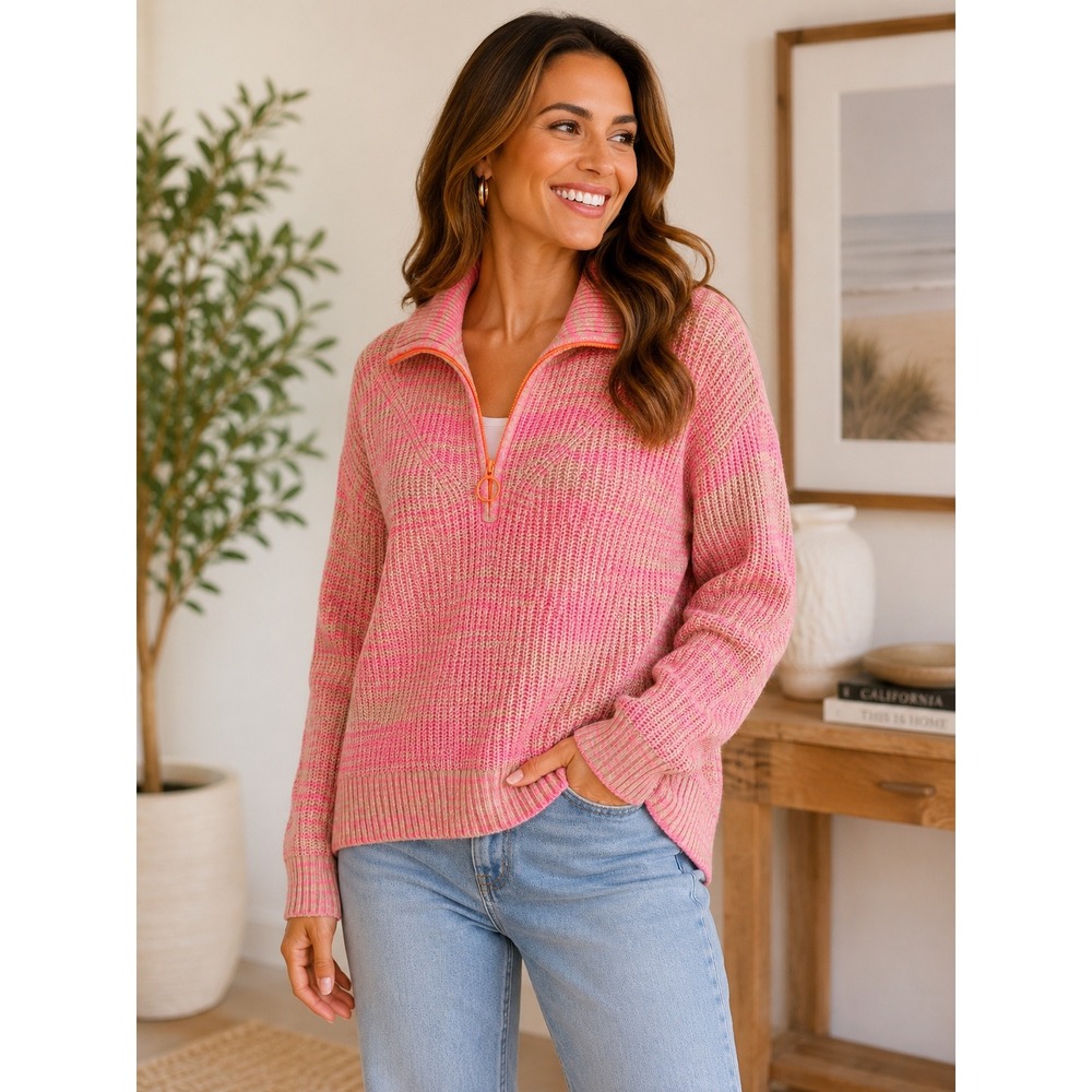 Aerie Womens Pink Tan Striped Oversized Quarter Zip Sweater L  NEW